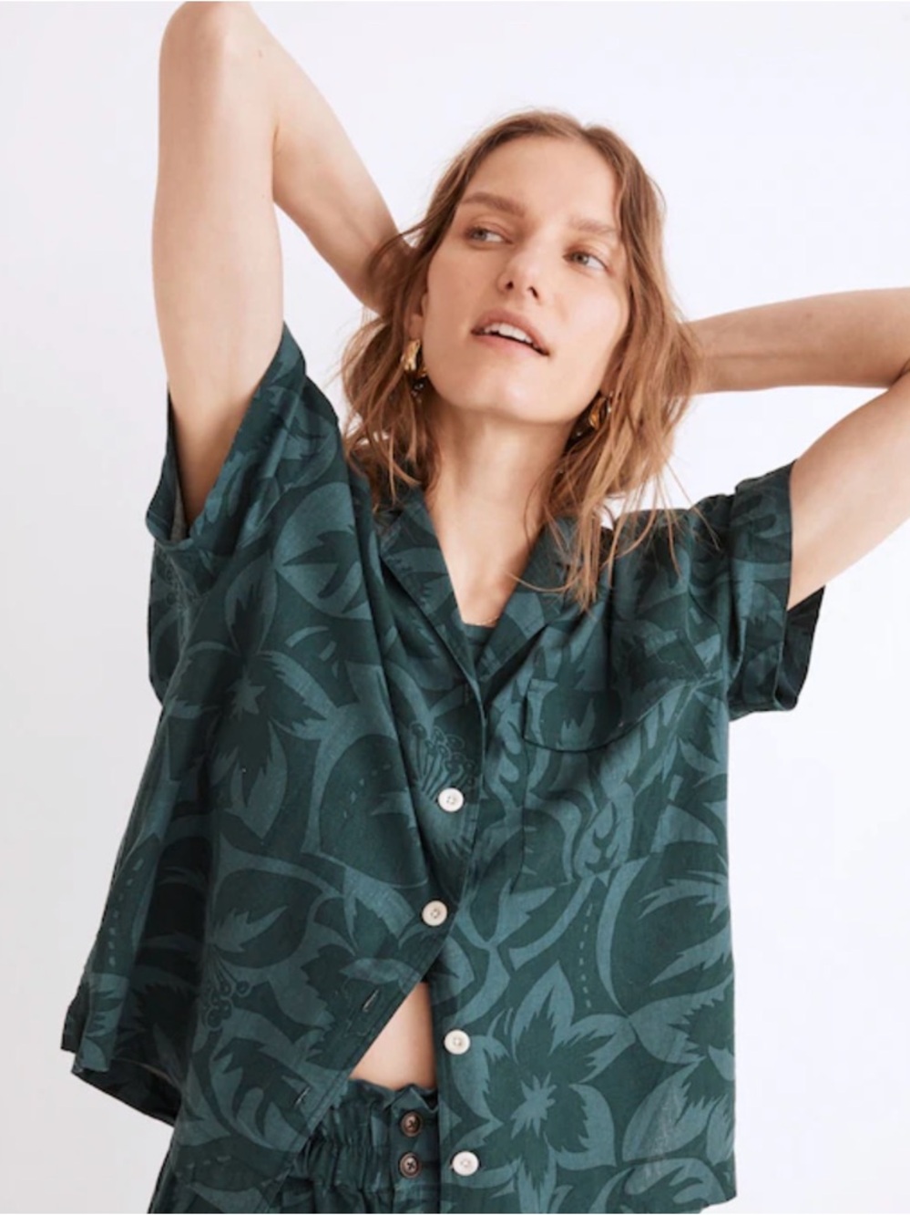 Madewell Linen Blend Camp Shirt in Tropicale Green Forest Size Small